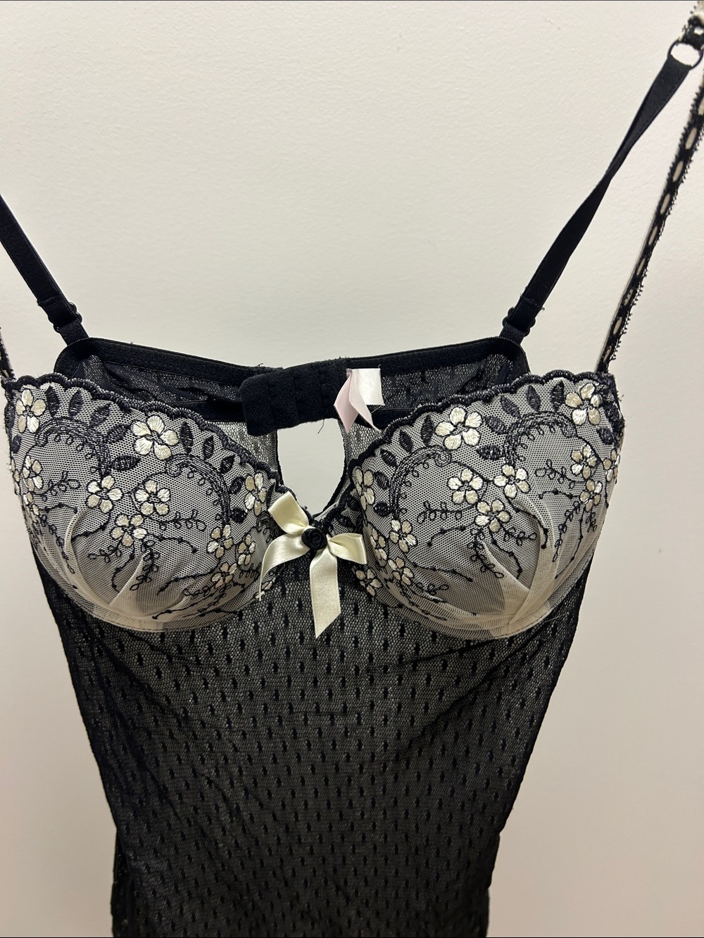 Black Lace & Silver Embroidered Chemise with Satin Bow image 2